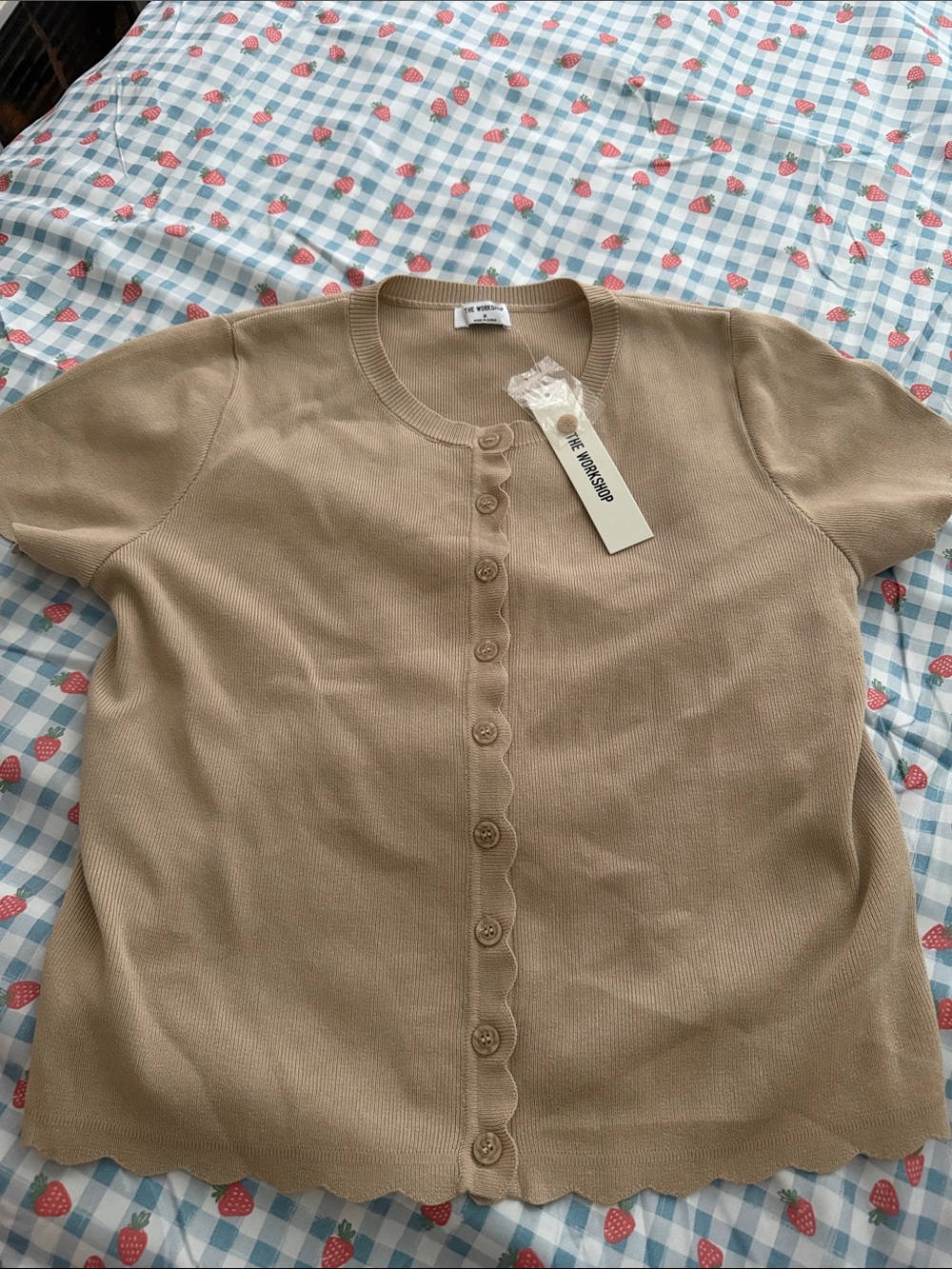 Lulu's Tan Button-Down Short Sleeve Knit Top